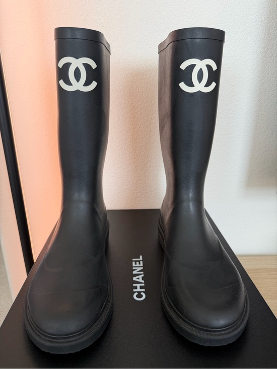 CHANEL Shoes - CHANEL Black Knee-High Rubber Boots with White CC Emblem